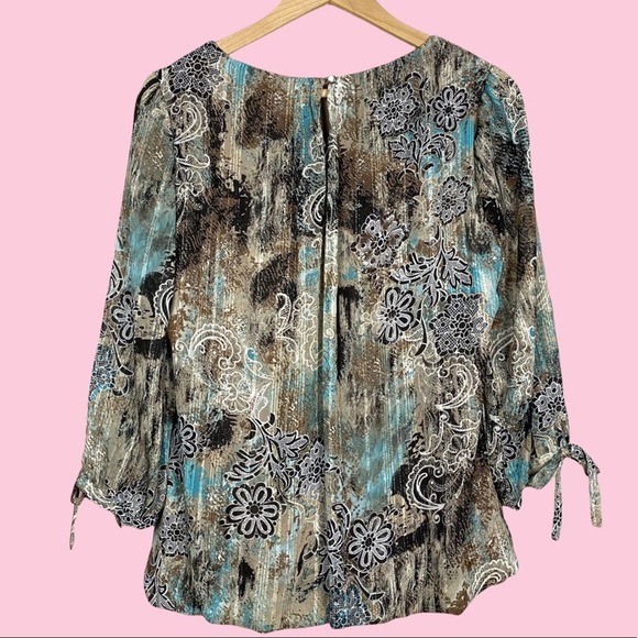 Sara Michelle Floral Paisley Pleated Metallic Accent Tie Sleeve Keyhole Blouse - Picture 2 of 7